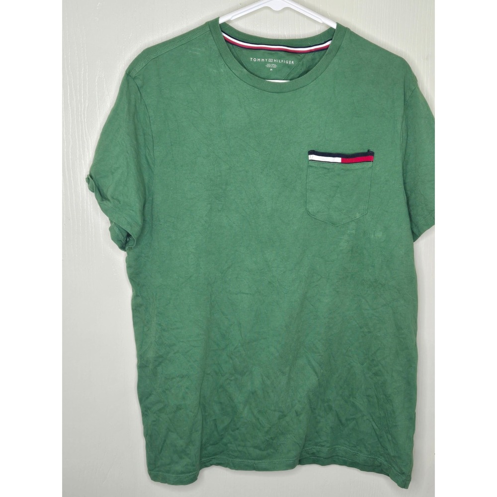 Tommy Hilfiger Mens Green Cotton Crewneck Pocket T-Shirt Size M Flag Logo
